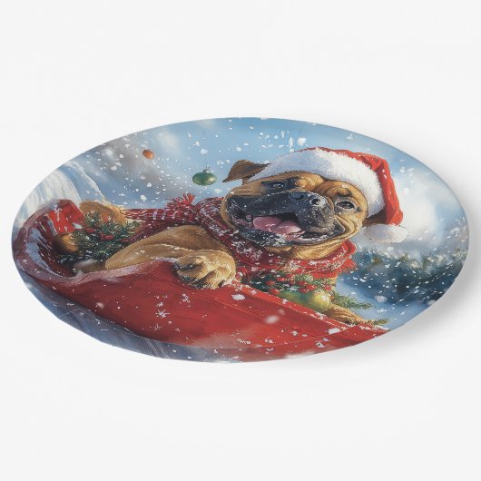 Bullmastiff Hund in Sledge Let it Schnee Weihnacht Pappteller (Schrägansicht)