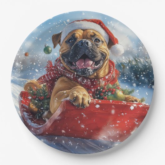 Bullmastiff Hund in Sledge Let it Schnee Weihnacht Pappteller (Vorderseite)