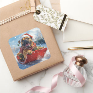 Bullmastiff Hund in Sledge Let it Schnee Weihnacht Quadratischer Aufkleber