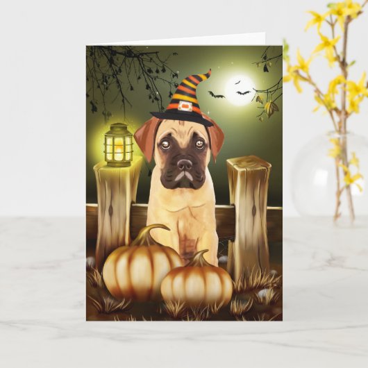 Bullmastiff Hund mit Hexenhutenhut Halloween Karte (Gelbe Blume)