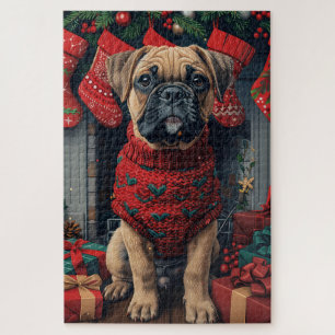 Bullmastiff-Hund mit Weihnachtsgeschenken Kamin Puzzle