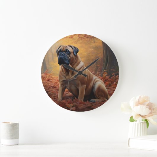 Bullmastiff im Herbst Leaves Fall Inspiriert Große Wanduhr (Zuhause)