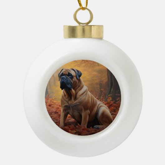 Bullmastiff im Herbst Leaves Fall Inspiriert Keramik Kugel-Ornament (Vorderseite)
