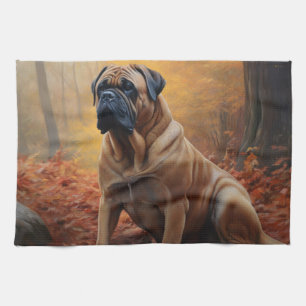 Bullmastiff im Herbstlaubfall inspiriert Geschirrtuch