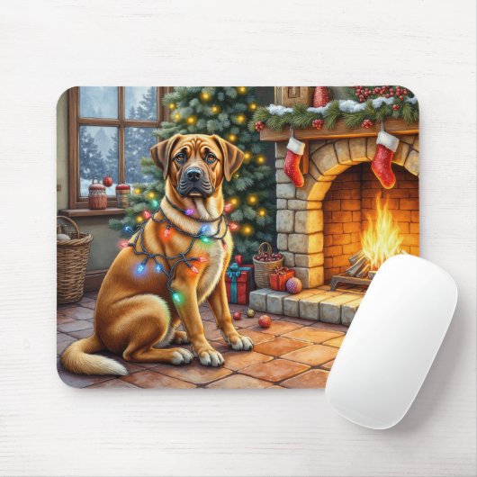 Bullmastiff-Kamin mit Weihnachtslichtern Mousepad (Mit Mouse)