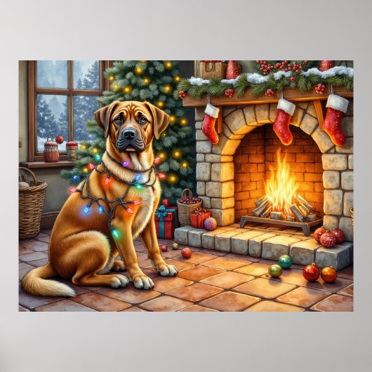 Bullmastiff-Kamin mit Weihnachtslichtern Poster (Vorne)
