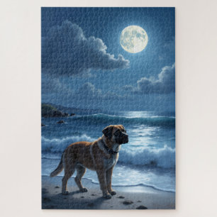 Bullmastiff-Mondlicht-Strandszene Puzzle