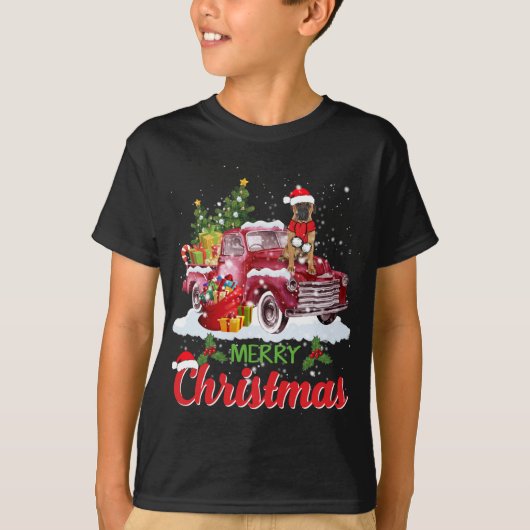 Bullmastiff Riding Red Truck Frohe Weihnachten Wei T-Shirt (Vorderseite)