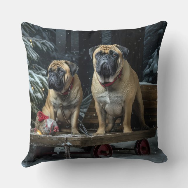 Bullmastiff Snowy Sleigh Weihnachtsdekor Kissen (Rückseite)