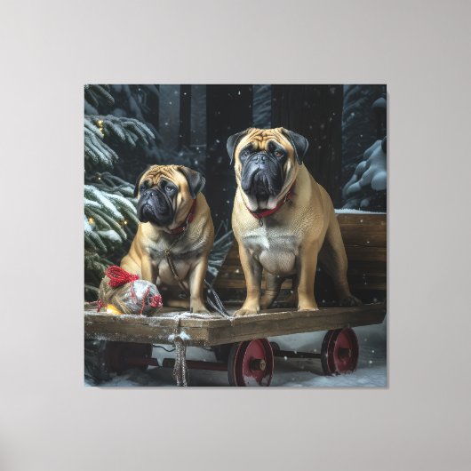 Bullmastiff Snowy Sleigh Weihnachtsdekor Leinwanddruck (Vorderseite)