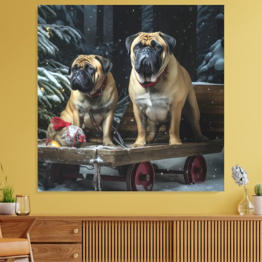 Bullmastiff Snowy Sleigh Weihnachtsdekor Leinwanddruck (Insitu (Wohnzimmer))