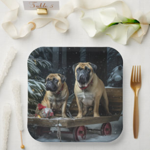 Bullmastiff Snowy Sleigh Weihnachtsdekor Pappteller