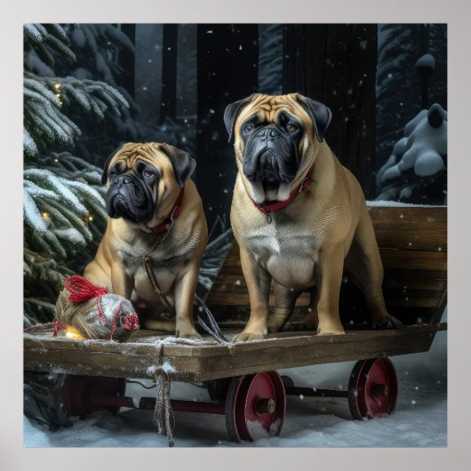 Bullmastiff Snowy Sleigh Weihnachtsdekor Poster (Vorne)