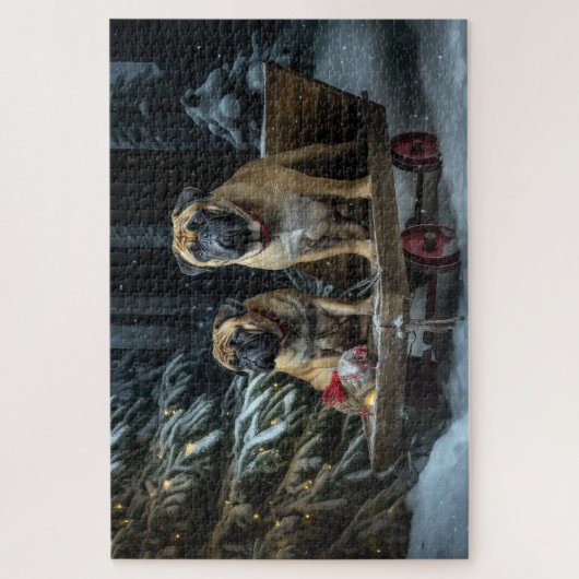 Bullmastiff Snowy Sleigh Weihnachtsdekor Puzzle (Vertikal)