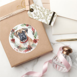 Bullmastiff-Weihnachtskranz Festiver Hund Runder Aufkleber