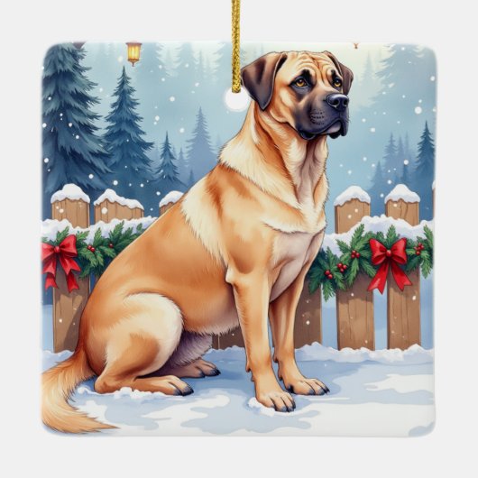 Bullmastiff Winter Forest Holly Christmas Art Keramikornament (Rückseite)