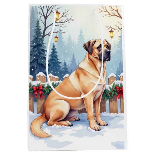 Bullmastiff Winter Forest Holly Christmas Art Mittlere Geschenktüte (Vorderseite)