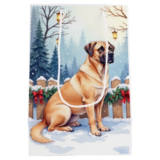 Bullmastiff Winter Forest Holly Christmas Art Mittlere Geschenktüte (Rückseite)
