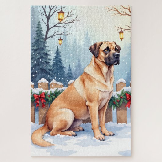 Bullmastiff Winter Forest Holly Christmas Art Puzzle (Vertikal)
