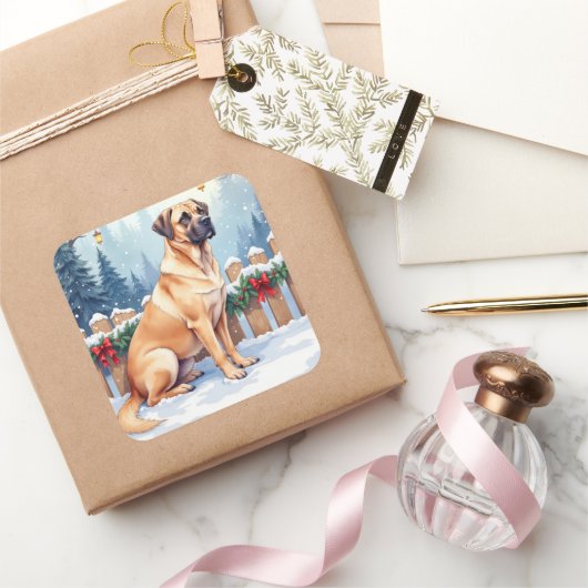 Bullmastiff Winter Forest Holly Christmas Art Quadratischer Aufkleber (Schenken)