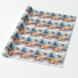Bullmastiff Winterwald Stechpalme Weihnachtskunst Geschenkpapier