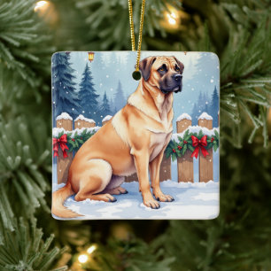 Bullmastiff Winterwald Stechpalme Weihnachtskunst Keramikornament