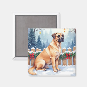 Bullmastiff Winterwald Stechpalme Weihnachtskunst Magnet