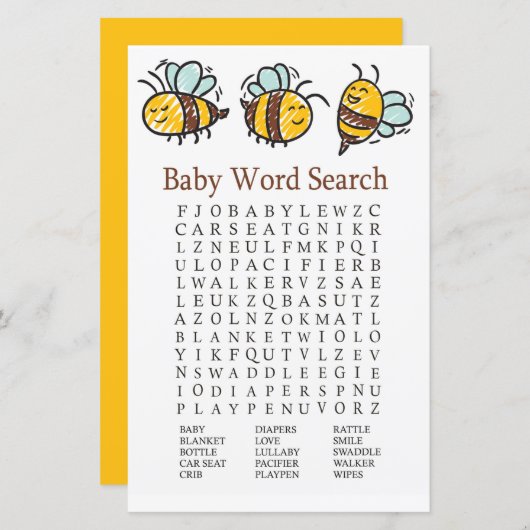 Bumble Bee Baby Shooter Word Search Game (Vorne/Hinten)