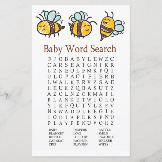 Bumble Bee Baby Shooter Word Search Game (Vorderseite)