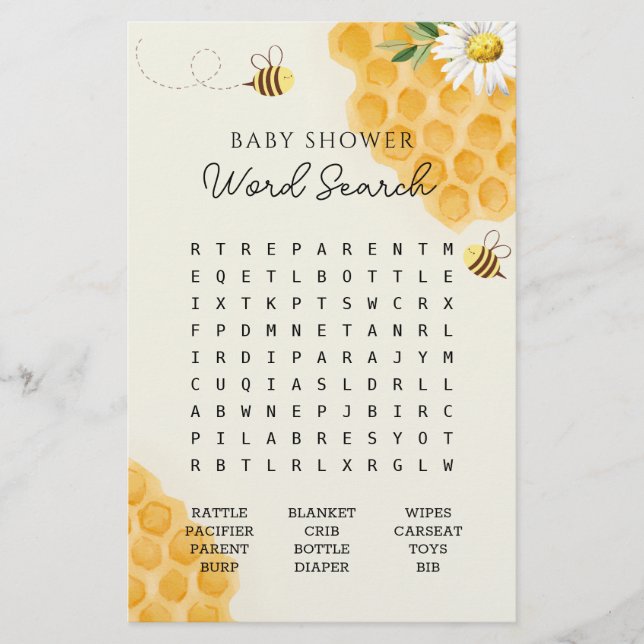 Bumble Bee Baby Shooter Word Search Game (Vorderseite)