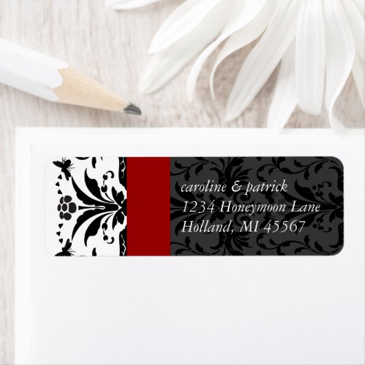Bumble Bee Black Damask Address Labels Red Trim (Insitu)