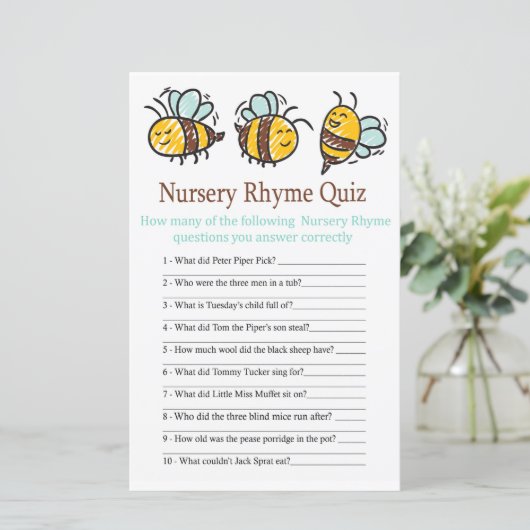 Bumble Bee Kinderzimmer Rhyme Quiz Babydusche Spie (Stehend Vorderseite)