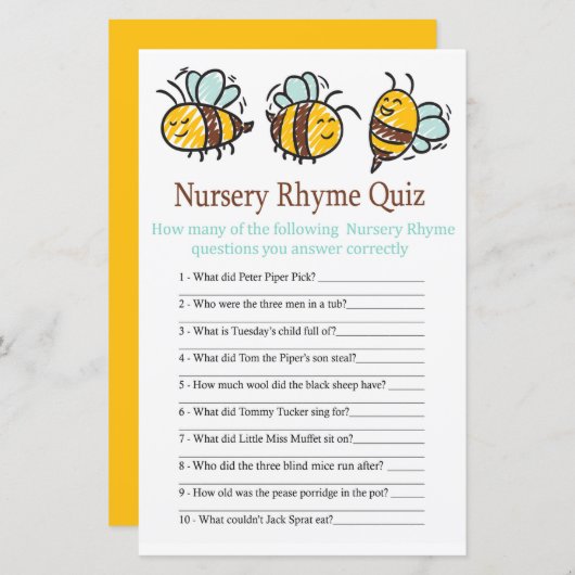 Bumble Bee Kinderzimmer Rhyme Quiz Babydusche Spie (Vorne/Hinten)