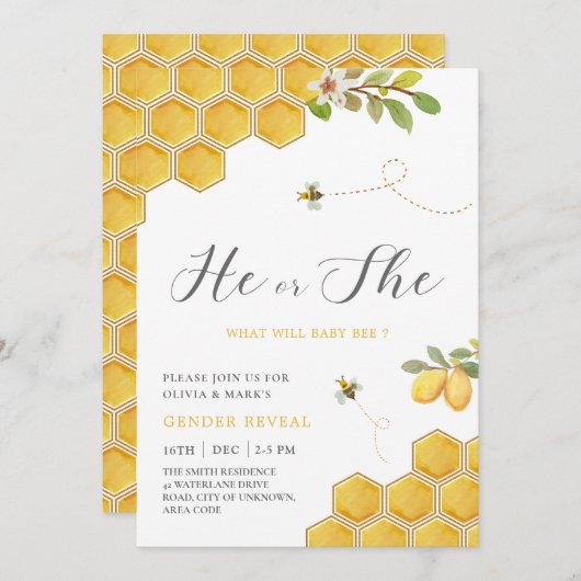 Bumble Bee Yellow Honeycomb Baby Gender Reveal Einladung (Vorne/Hinten)