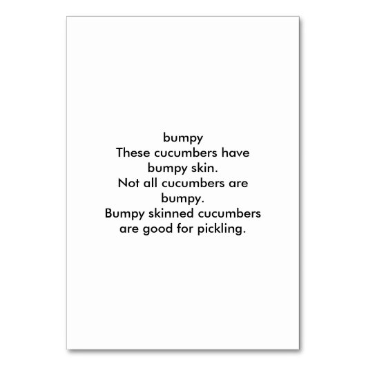 Bumpy Cucumbers, adjektive Lesekarten Tischnummer (Rückseite)