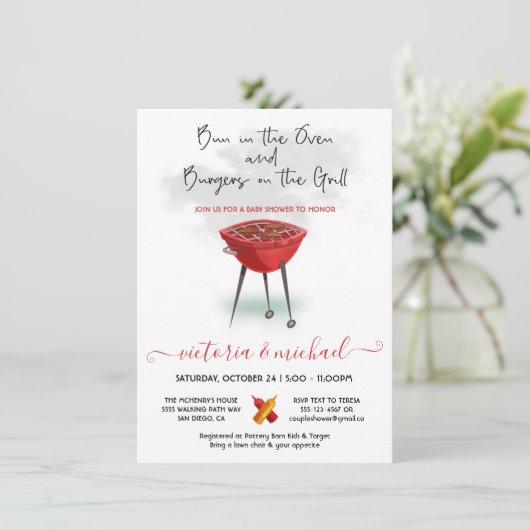 Bun in Oven Burgers on the Grill Baby Shower Einladung (Stehend Vorderseite)