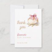 Bun In The Oven Pink Gingham Bow Baby Shower Dankeskarte (Vorderseite)