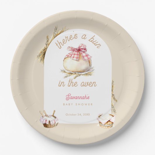 Bun In The Oven Pink Gingham Bow Baby Shower Pappteller (Vorderseite)