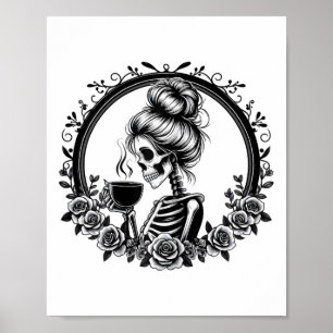 Bun-Skelett trinkt Kaffee Vintage-Halloween-Spaß Poster
