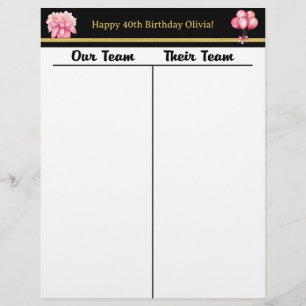 Bunco Black Gold Pink Birthday Tally Score Sheet