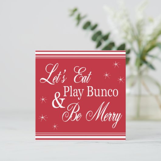 Bunco Einladung - Lasst uns essen, Bunco spielen u (Stehend Vorderseite)
