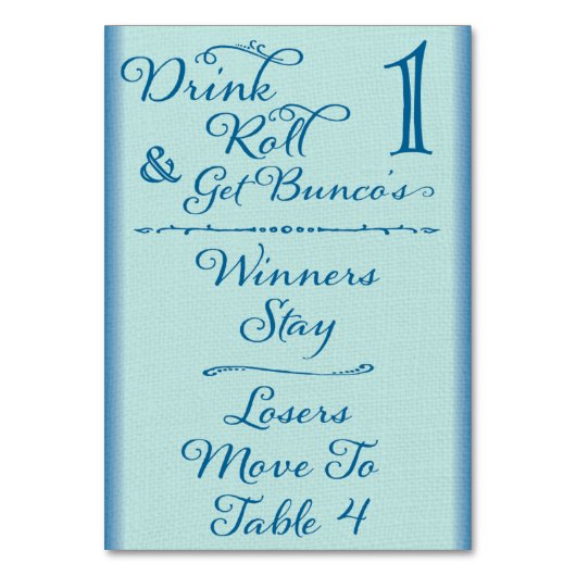 Bunco Funny Drink & Roll Table Card Nr. 1 von 4 Tischnummer (Rückseite)