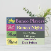 Bunco Modern Colorful Fun laden ein Einladung (Stehend Vorderseite)