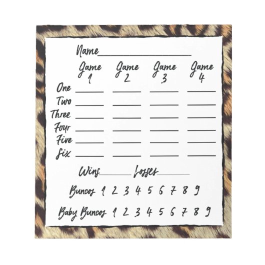Bunco Players Punktebogen Blätter Leopard Druck Notizblock (Vorderseite)