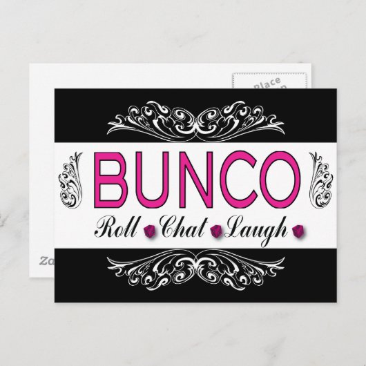 Bunco, Roll, Chat, lachen in Rosa, Schwarz und Wei Postkarte (Vorne/Hinten)