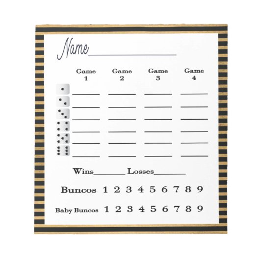 Bunco Score Blatt Pad Black Gold Strip Notizblock (Vorderseite)