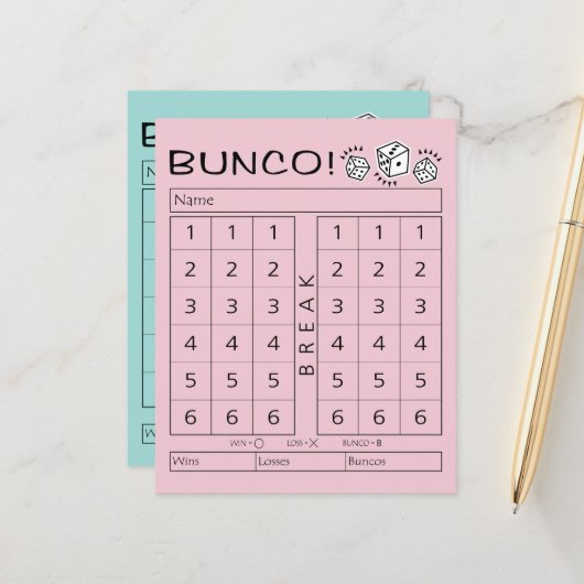 Bunco Score Sheet - Einzelne Tally für Würfel (Vorderseite/Rückseite Beispiel)