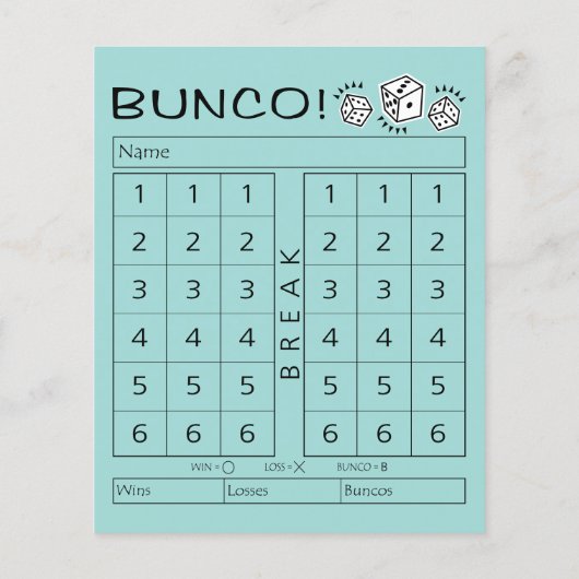 Bunco Score Sheet - Einzelne Tally für Würfel (Rückseite)