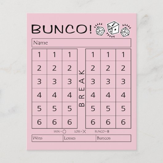 Bunco Score Sheet - Einzelne Tally für Würfel (Vorderseite)