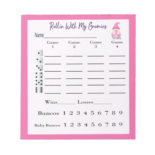 Bunco Score Sheet Pad Niedlich Gnome Pink Notizblock (Vorderseite)